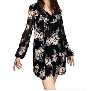 NWT BCBGeneration Mini Black Dress w/ White Blush Green Floral Design Tie Neck